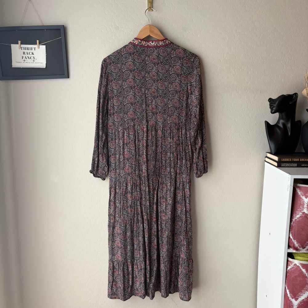 Maison Hotel Embroidered Paisley Tiered Midi Dress Long Sleeve Size XS - Picture 7 of 10